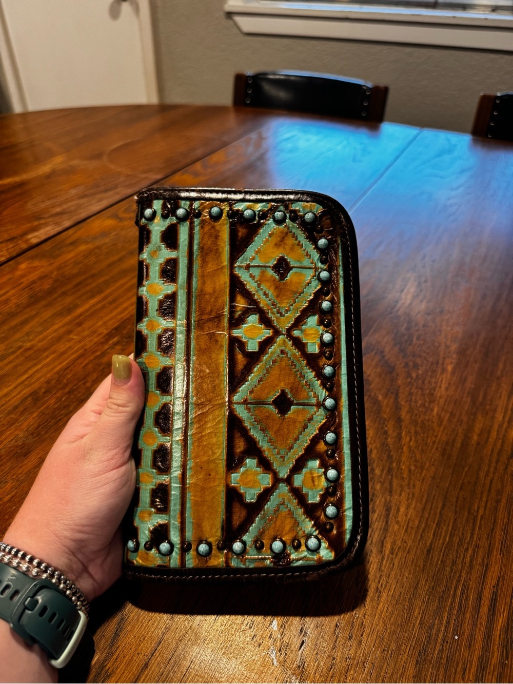 Turquoise and Brown Embossed Leather Zip Wallet